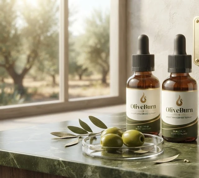 OliveBurn dropper bottles beside olive leaves and green olives